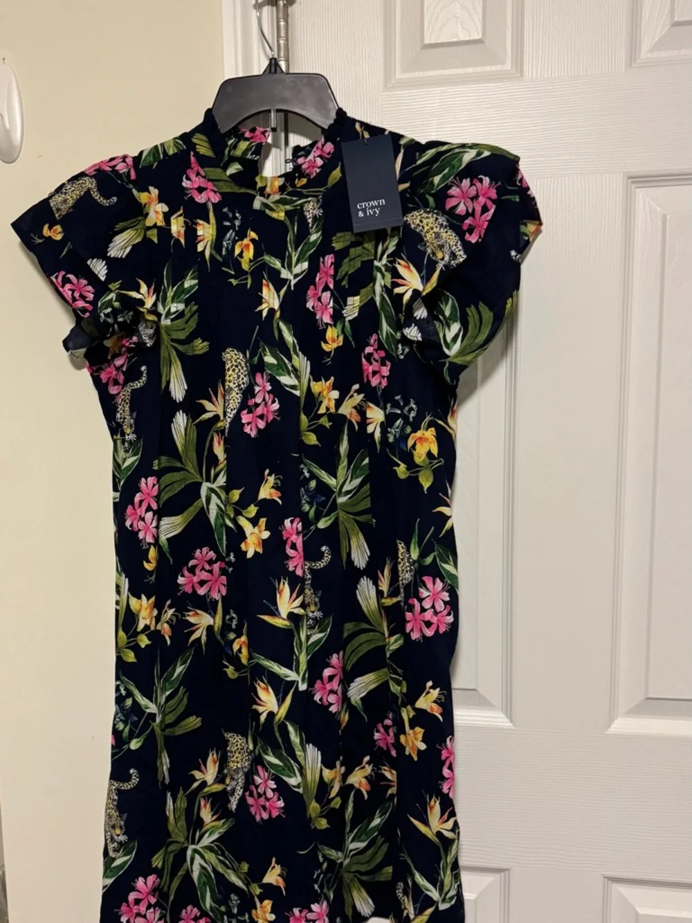 crown & ivy Navy Tropical Floral Print Dress with Pink & Yellow Accents - Picture 2 of 4